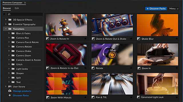 MisterHorse Animation Composer plugin interface for Premiere Pro, showing free effects packs.